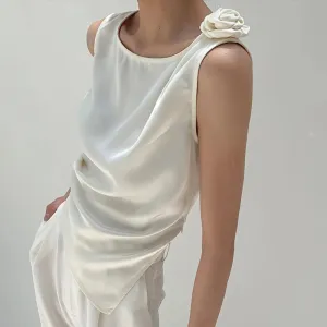 Solid Satin Vests For Women Round Neck Sleeveless Patchwork Folds Spliced Floral Elegant Tank Tops Female Fashion