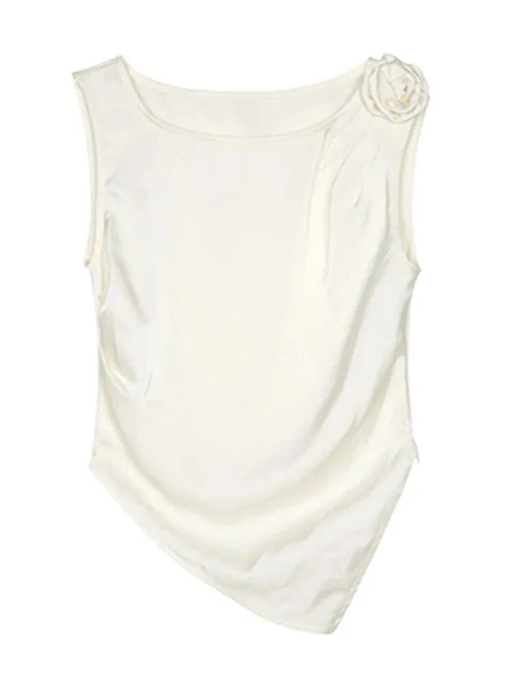 Solid Satin Vests For Women Round Neck Sleeveless Patchwork Folds Spliced Floral Elegant Tank Tops Female Fashion