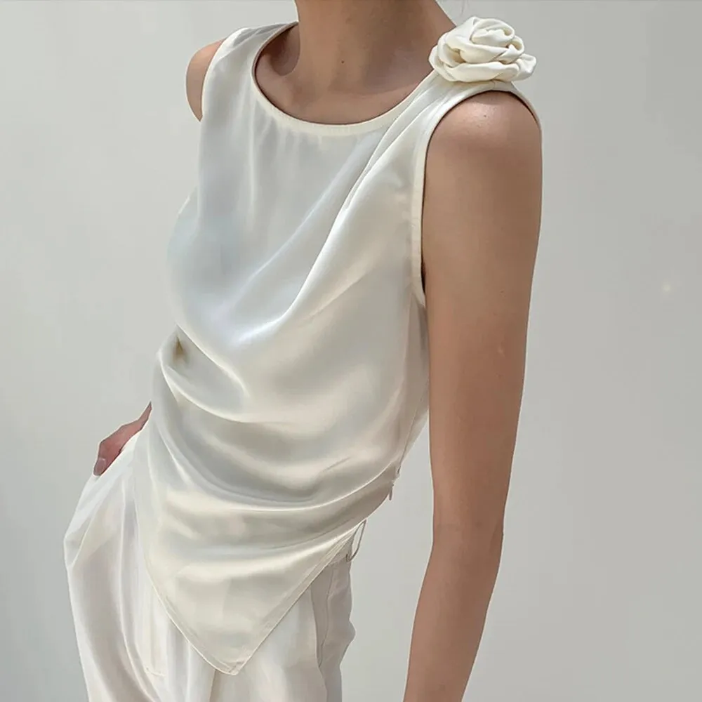 Solid Satin Vests For Women Round Neck Sleeveless Patchwork Folds Spliced Floral Elegant Tank Tops Female Fashion