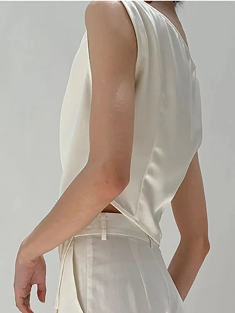 Solid Satin Vests For Women Round Neck Sleeveless Patchwork Folds Spliced Floral Elegant Tank Tops Female Fashion