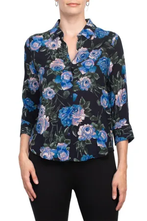 T Tahari collared 3/4 sleeve front button closure floral print woven shirt