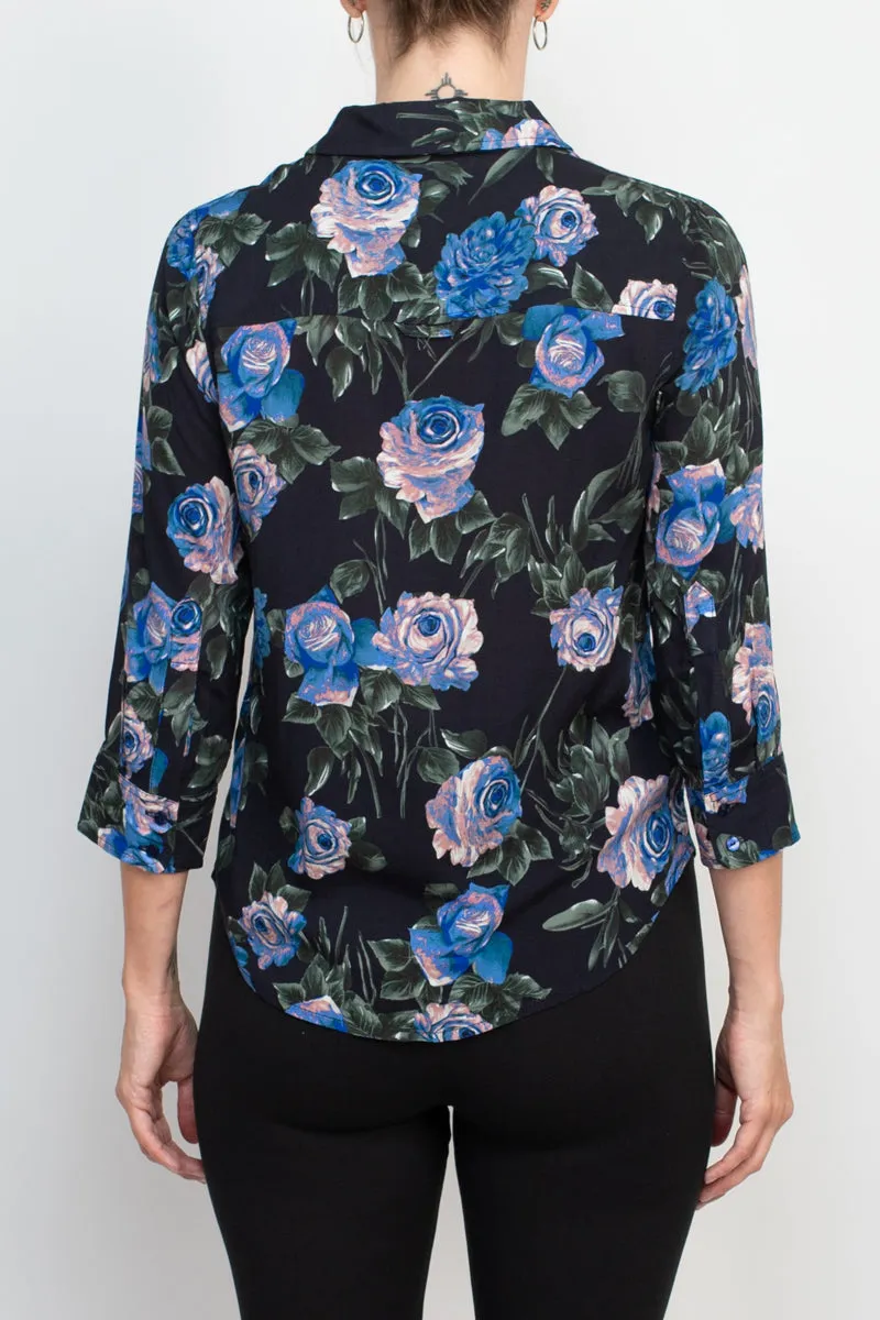 T Tahari collared 3/4 sleeve front button closure floral print woven shirt