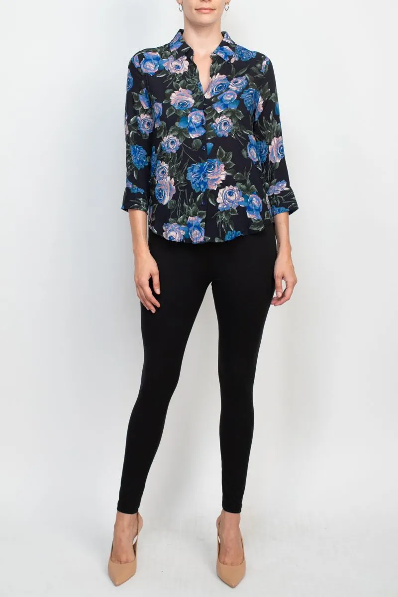 T Tahari collared 3/4 sleeve front button closure floral print woven shirt