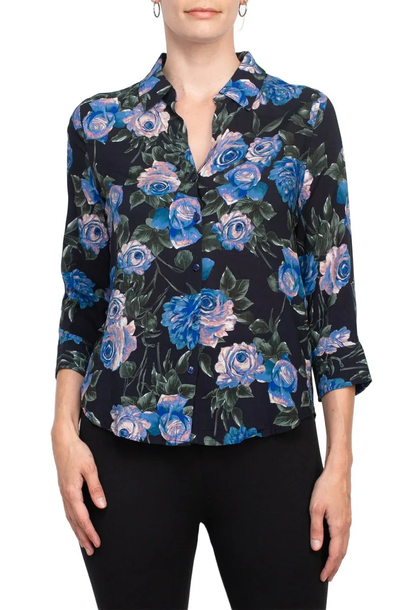 T Tahari collared 3/4 sleeve front button closure floral print woven shirt