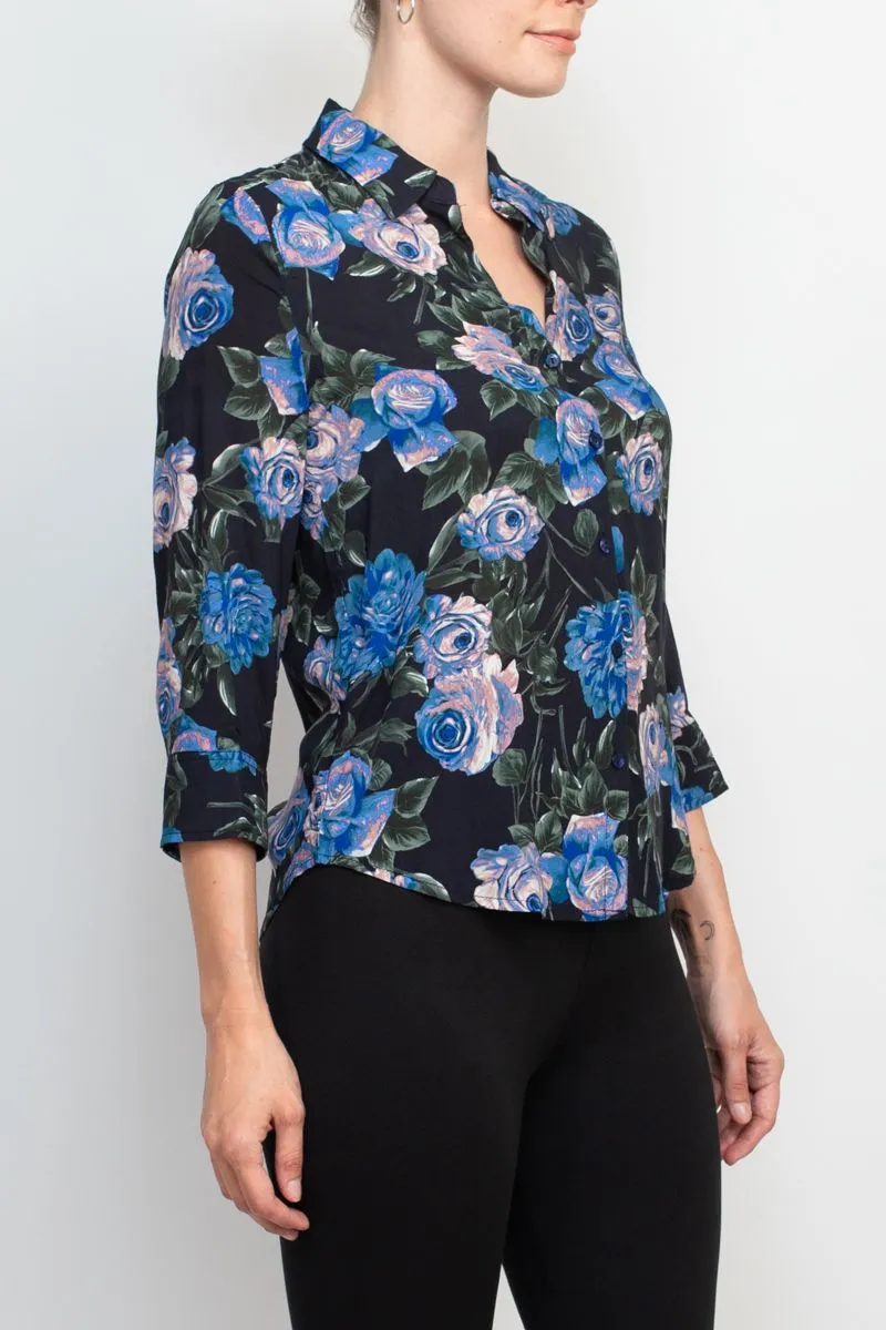 T Tahari collared 3/4 sleeve front button closure floral print woven shirt
