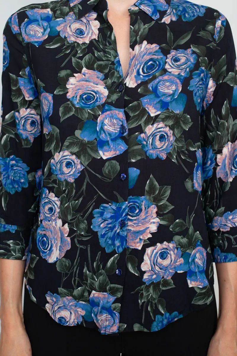 T Tahari collared 3/4 sleeve front button closure floral print woven shirt