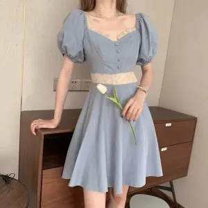Vintage Elegant Puff Sleeve Dress Women Mori Soft Retro Elegant Short Dresses Party Square Collar Robes Summer