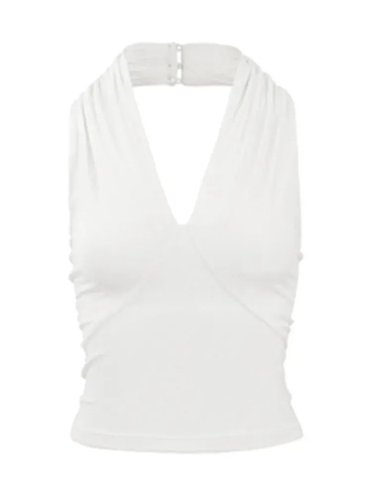 White Backless Tank Tops For Women Halter Collar Sleeveless Solid Minimalist Knitting Vests Female Summer Clothing